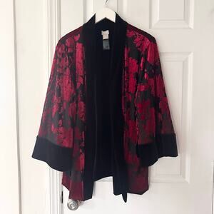 Chico's Traveler Red Velvet Floral Brocade Black Reversible Kimono Jacket 3 XL